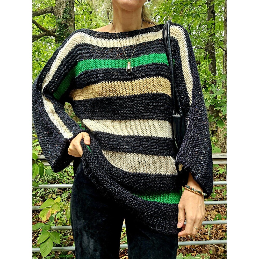 Handmade Wool Striped Sweater - Oversized Speckled Boho Knit Dolman Green Black
